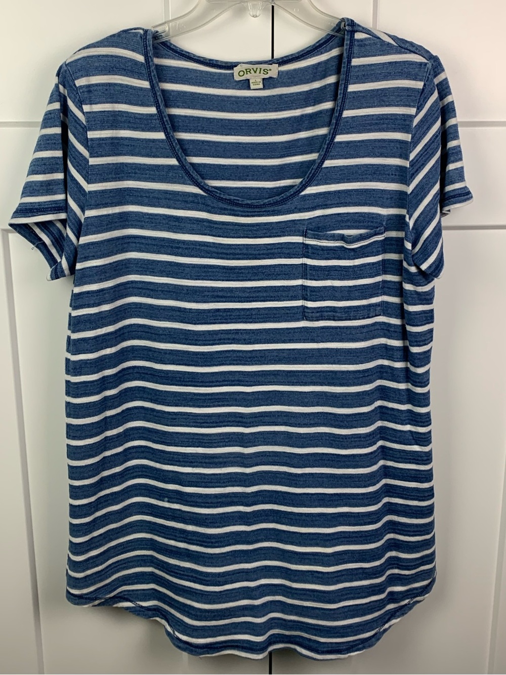 Orvis LARGE Striped Pocket Tee Blue White Sunwashed Nautical Coastal Preppy